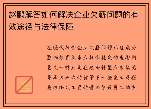 赵鹏解答如何解决企业欠薪问题的有效途径与法律保障